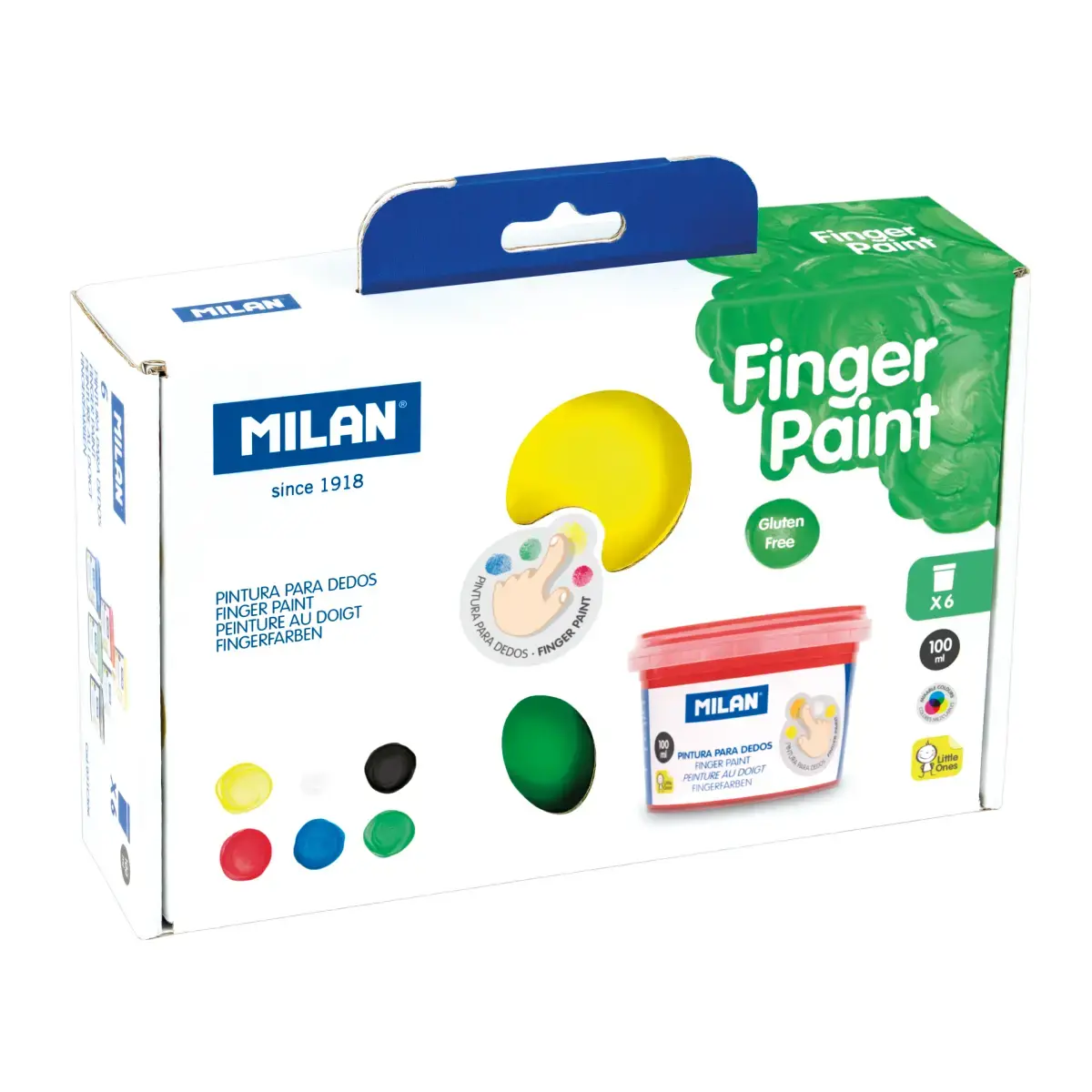 Boîte 6 pots 100 ml peinture au doigt couleurs assorties