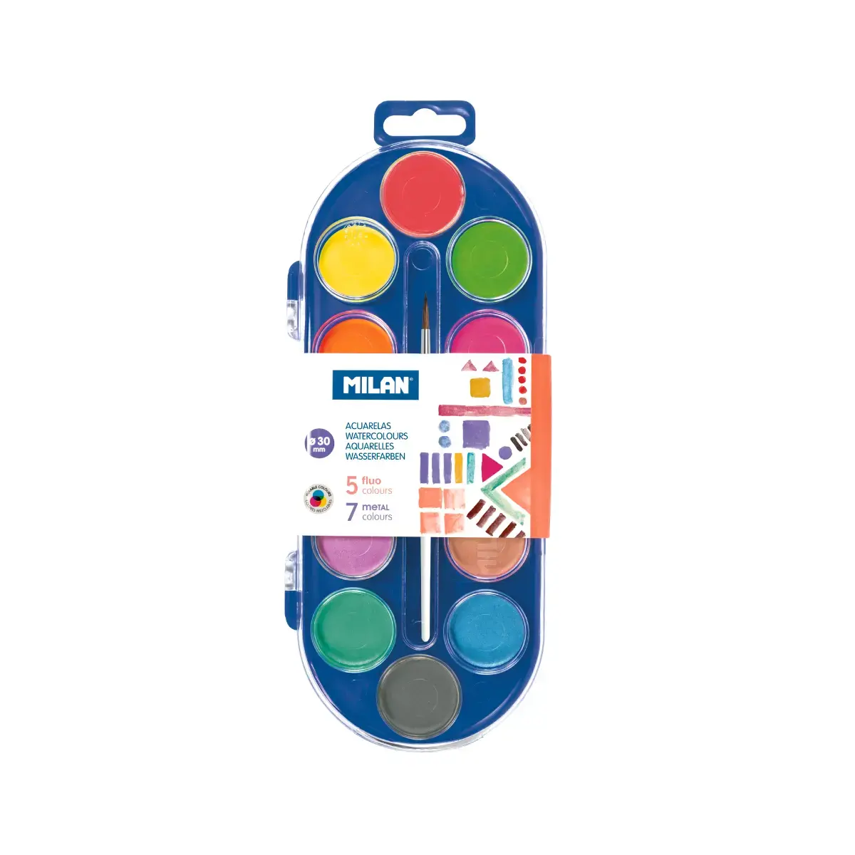 Étui 12 pastilles Ø 30 mm couleurs fluo et métallisées avec pinceau