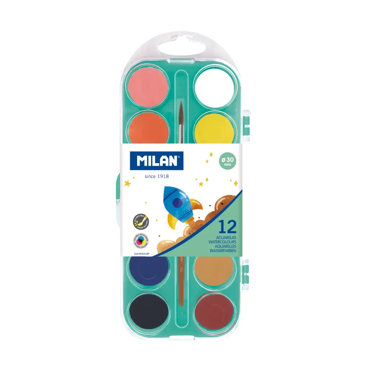 Étui 12 pastilles d'aquarelle opaque de Ø30mm avec pinceau
