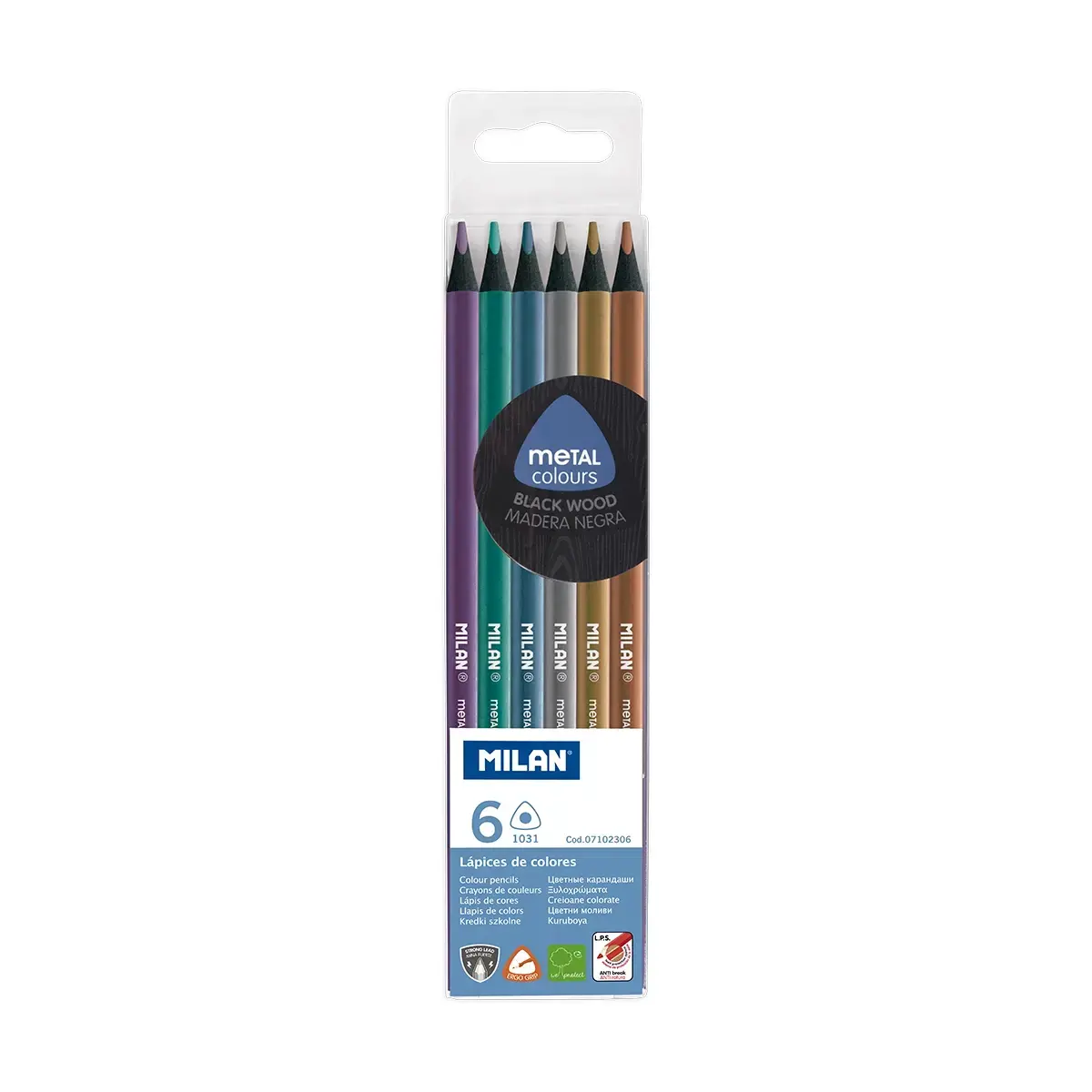 Boîte 6 crayons de couleur métallisés triangulaires bois noir