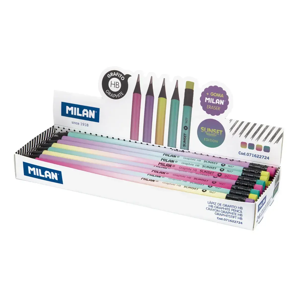 Boîte présentoir 24 crayons graphite HB ronds avec gomme, série Sunset