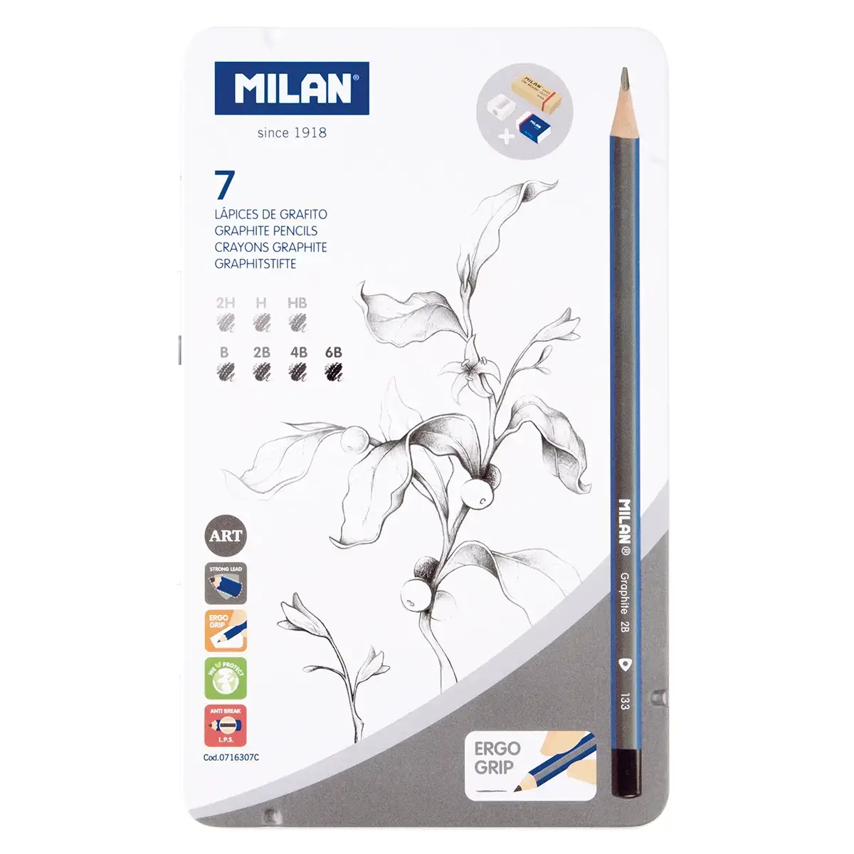 Boite métallique 7 crayons graphite (2H, H, HB, B, 2B, 4B et 6B) + 1 gomme The Master Gum + gomme 2424 + 1 taille-crayons