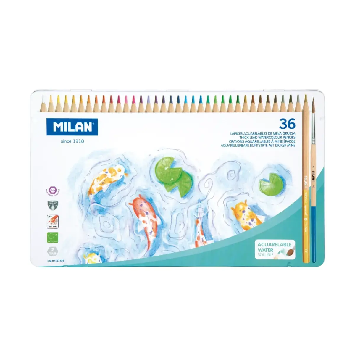 Boîte métallique 36 crayons de couleur aquarellables mine épaisse + pinceau
