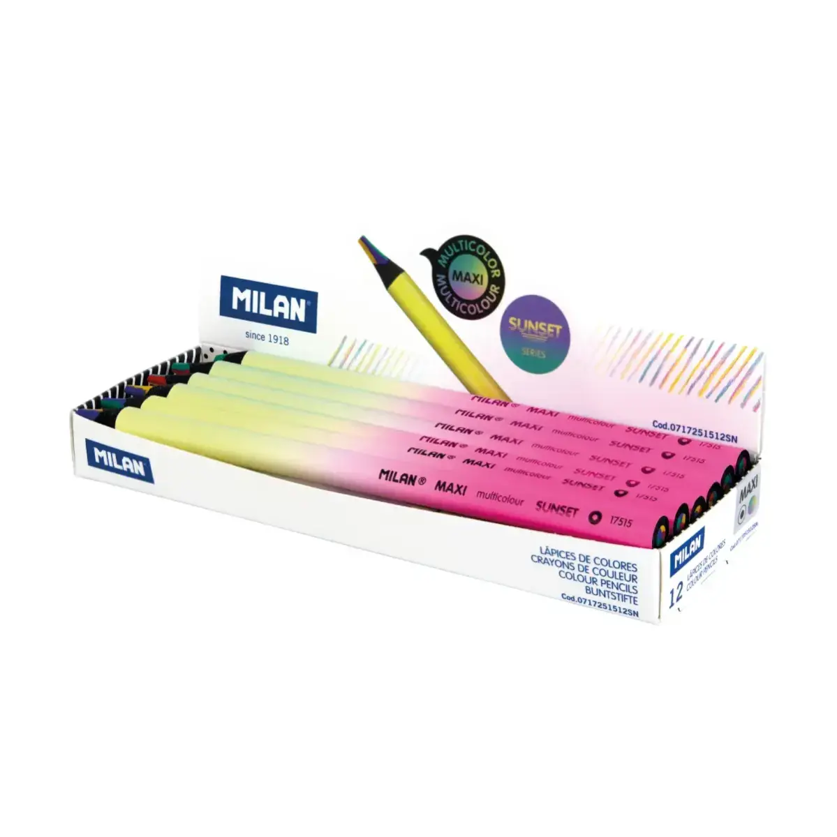 Boîte présentoir 12 crayons graphite multicouleur MAXI ronds, série Sunset