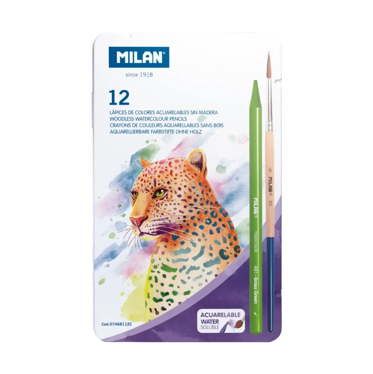 Boîte métallique 12 crayons de couleur aquarellables sans bois Todocolor + pinceau