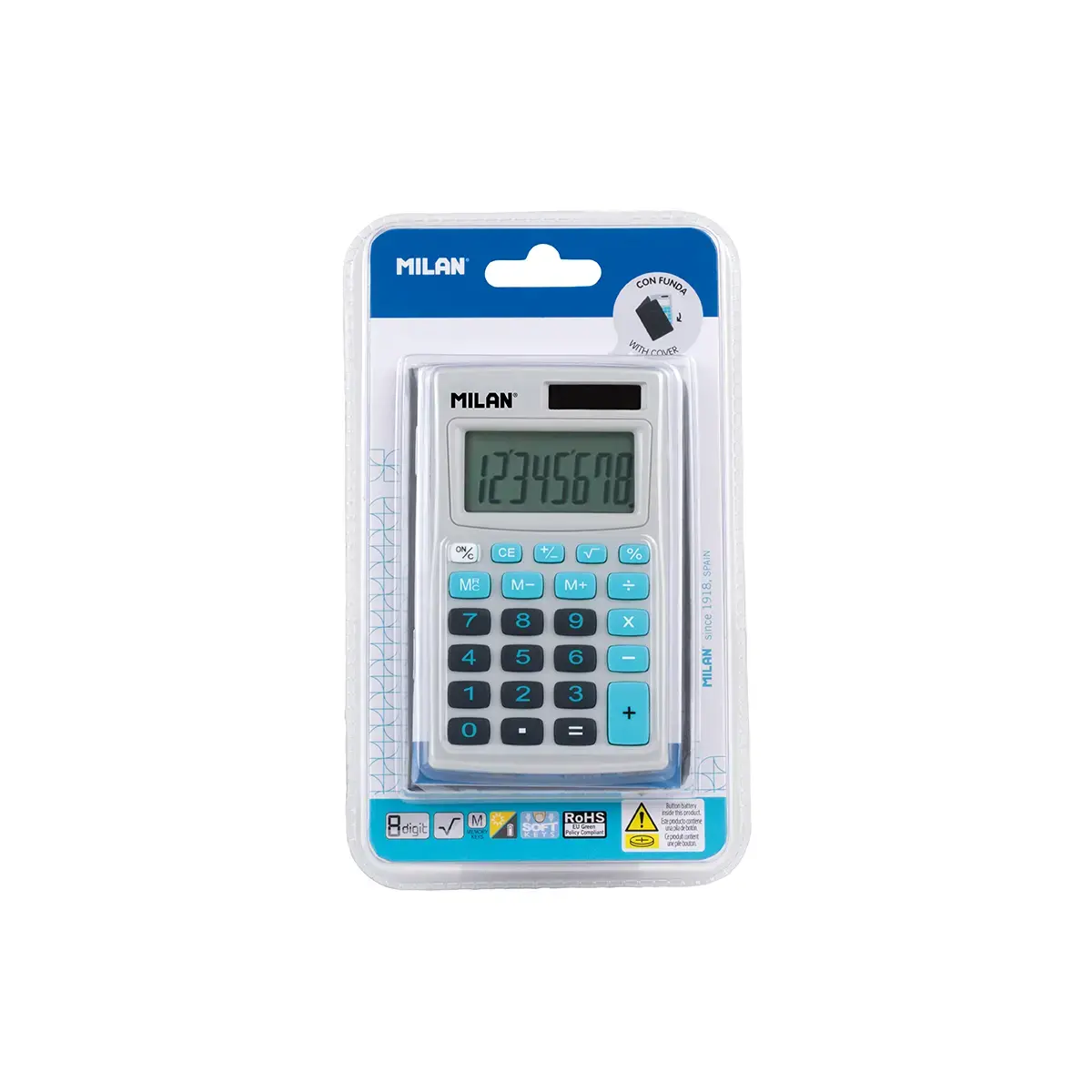 Blister calculatrice bleue et grise 8 chiffres avec étui