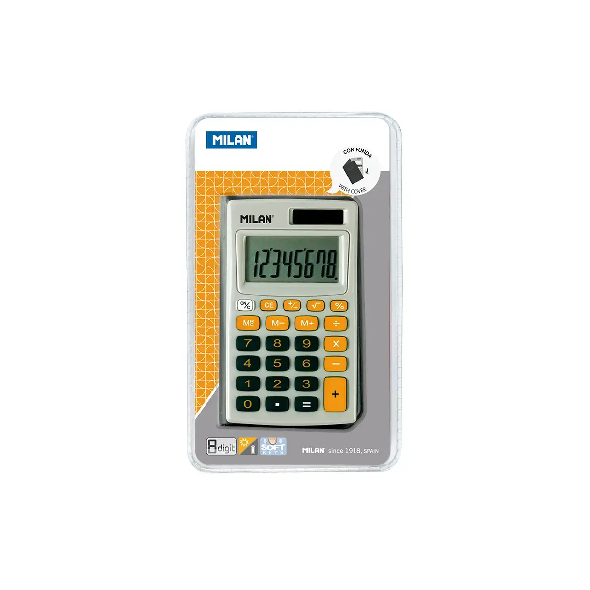 Blister calculatrice grise et orange 8 chiffres avec étui