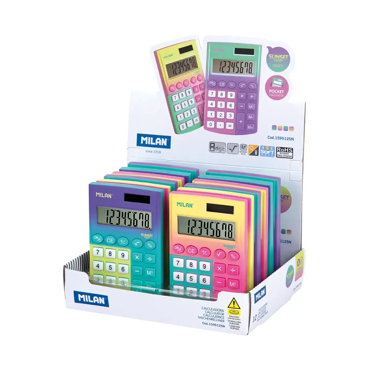 Boîte présentoir 12 calculatrices 8 chiffres Pocket Sunset