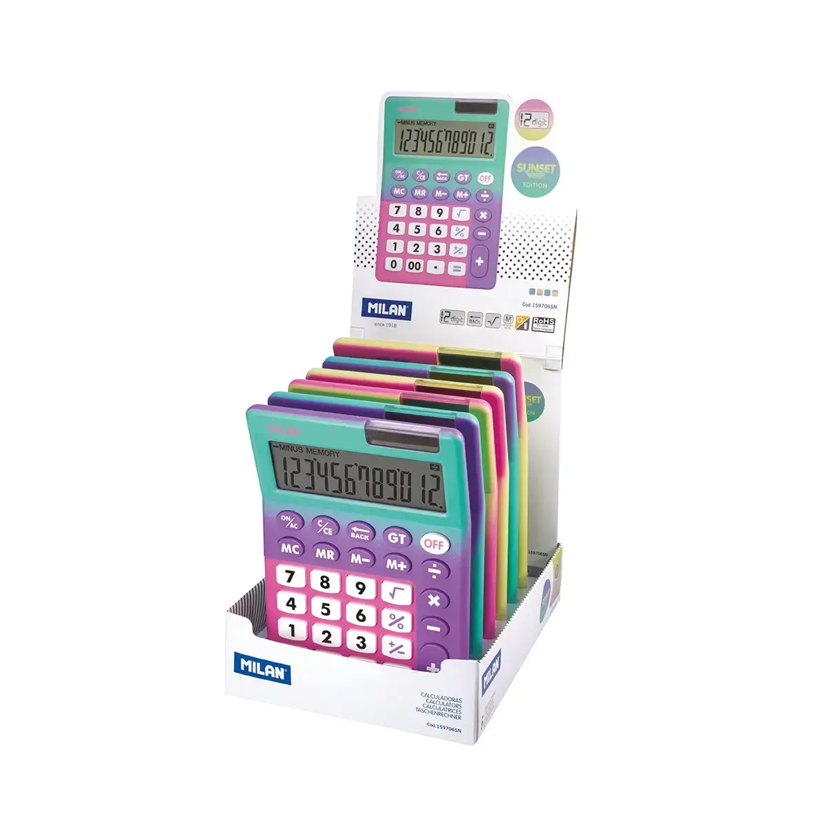 Boîte présentoir 6 calculatrices 12 chiffres série Sunset