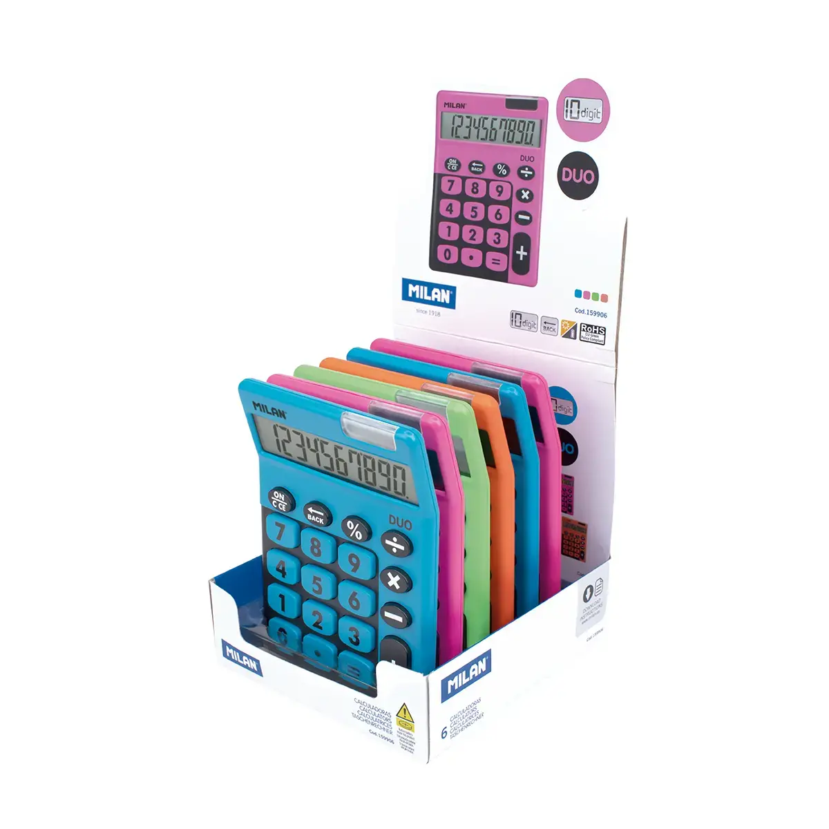 Boîte présentoir 6 calculatrices de bureau 10 chiffres série Duo, assorties