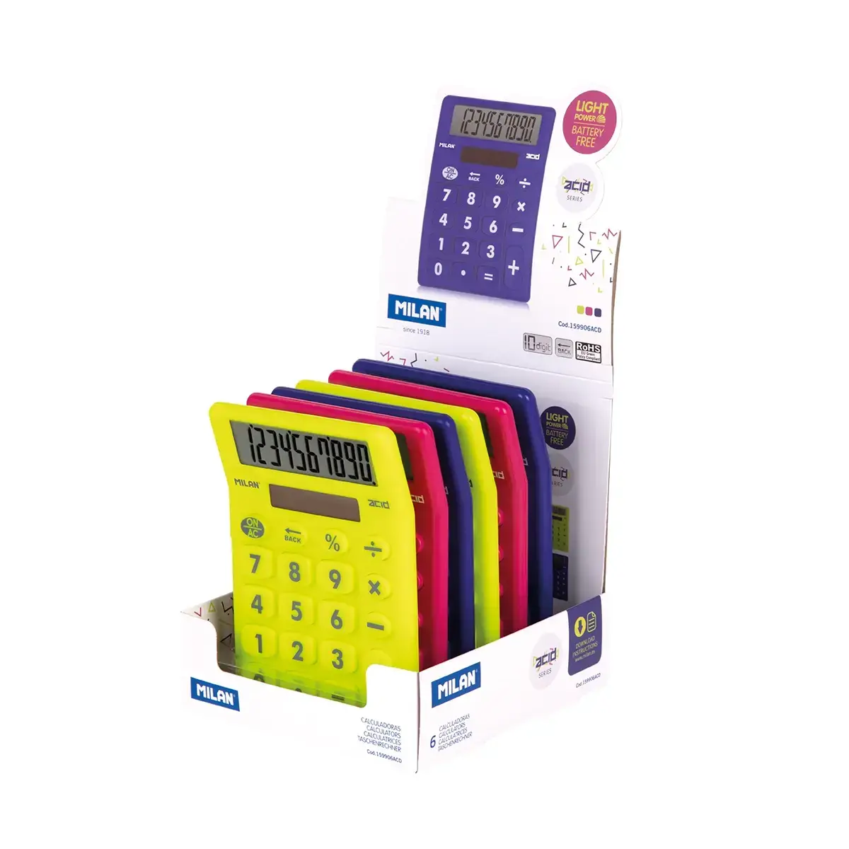 Boîte présentoir 6 calculatrices de bureau 10 chiffres série Acid, couleurs assorties