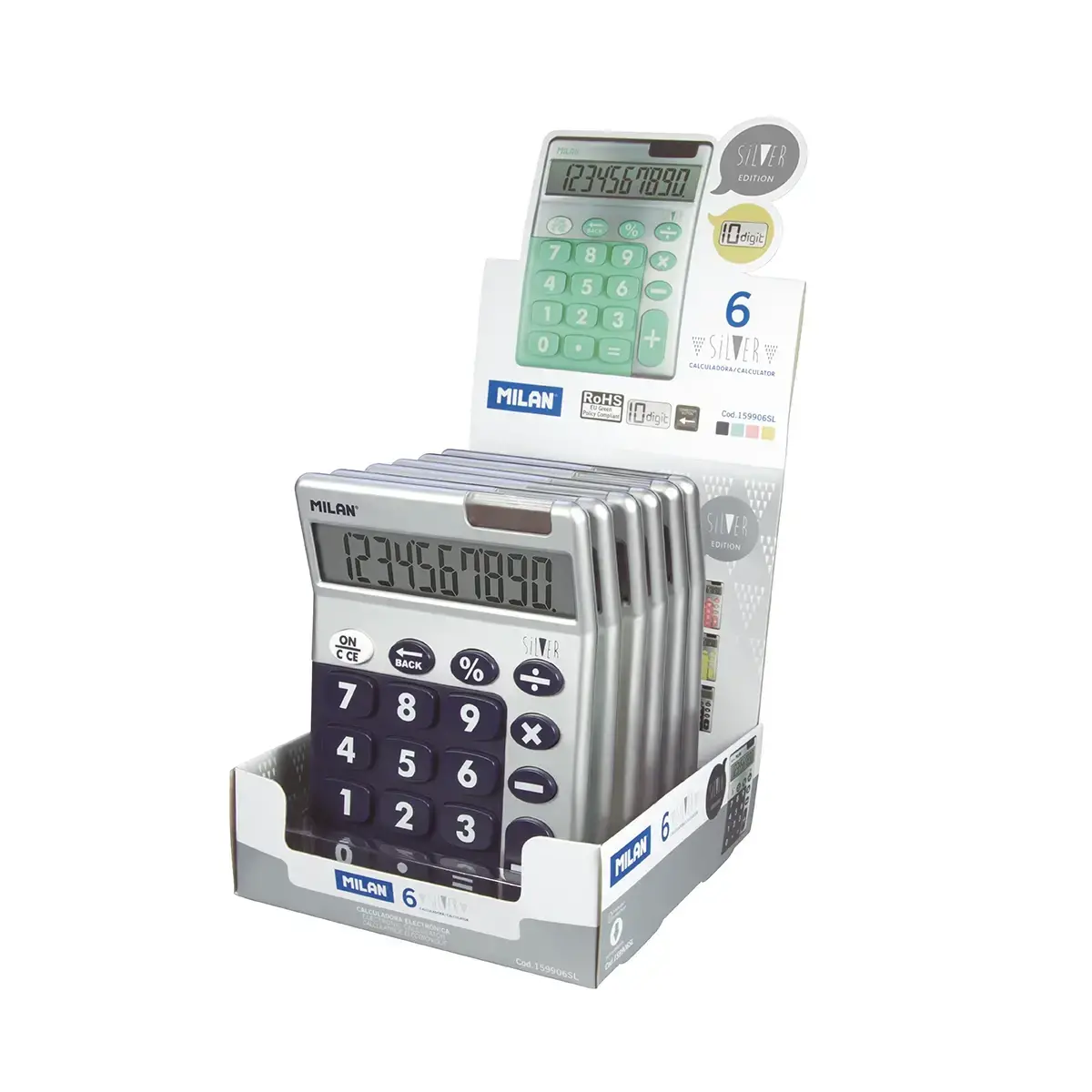 Boîte présentoir 6 calculatrices Silver 10 chiffres