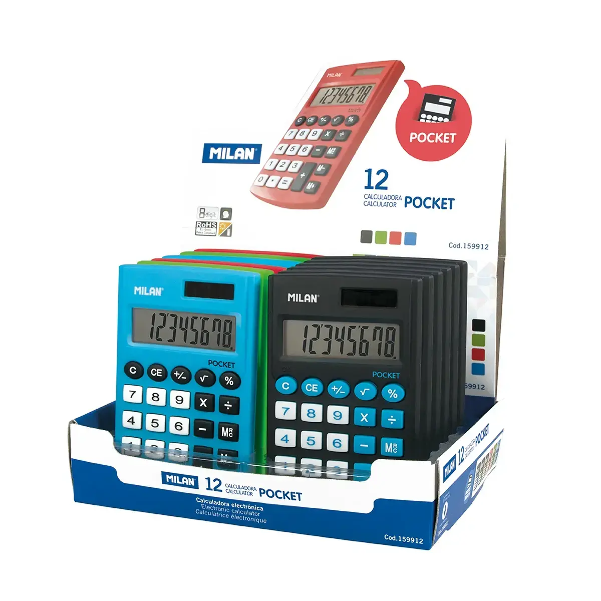 Boîte présentoir 12 calculatrices 8 chiffres Pocket