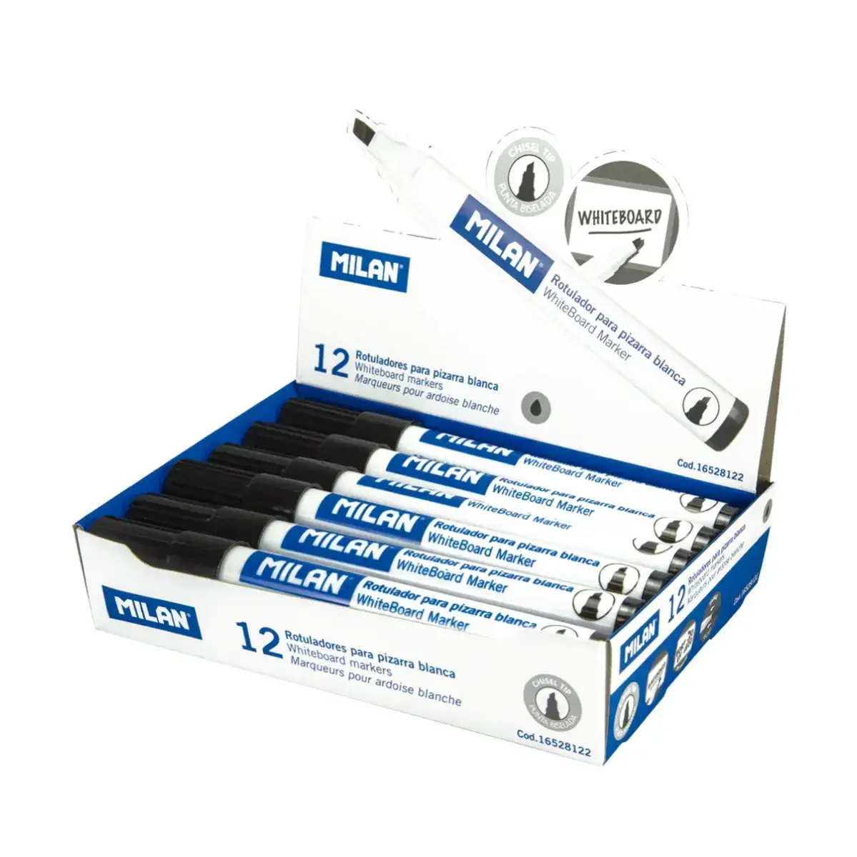 Boîte 12 feutres pour tableau blanc pointe biseautée noir (1 - 4 mm)