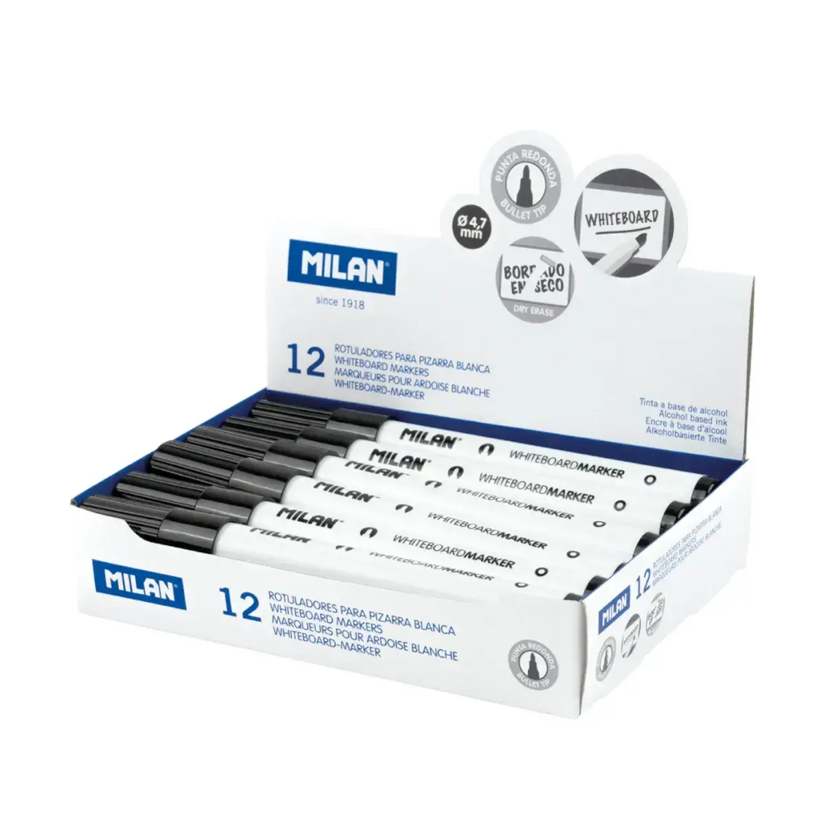 Boîte 12 feutres pour tableau blanc pointe ronde noir (Ø 4,7 mm)