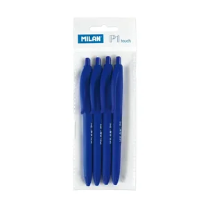 Sachet avec accroche 4 stylos P1 touch bleu