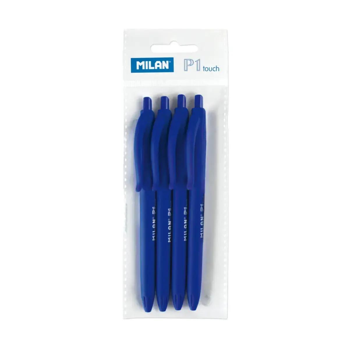 Sachet avec accroche 4 stylos P1 touch bleu
