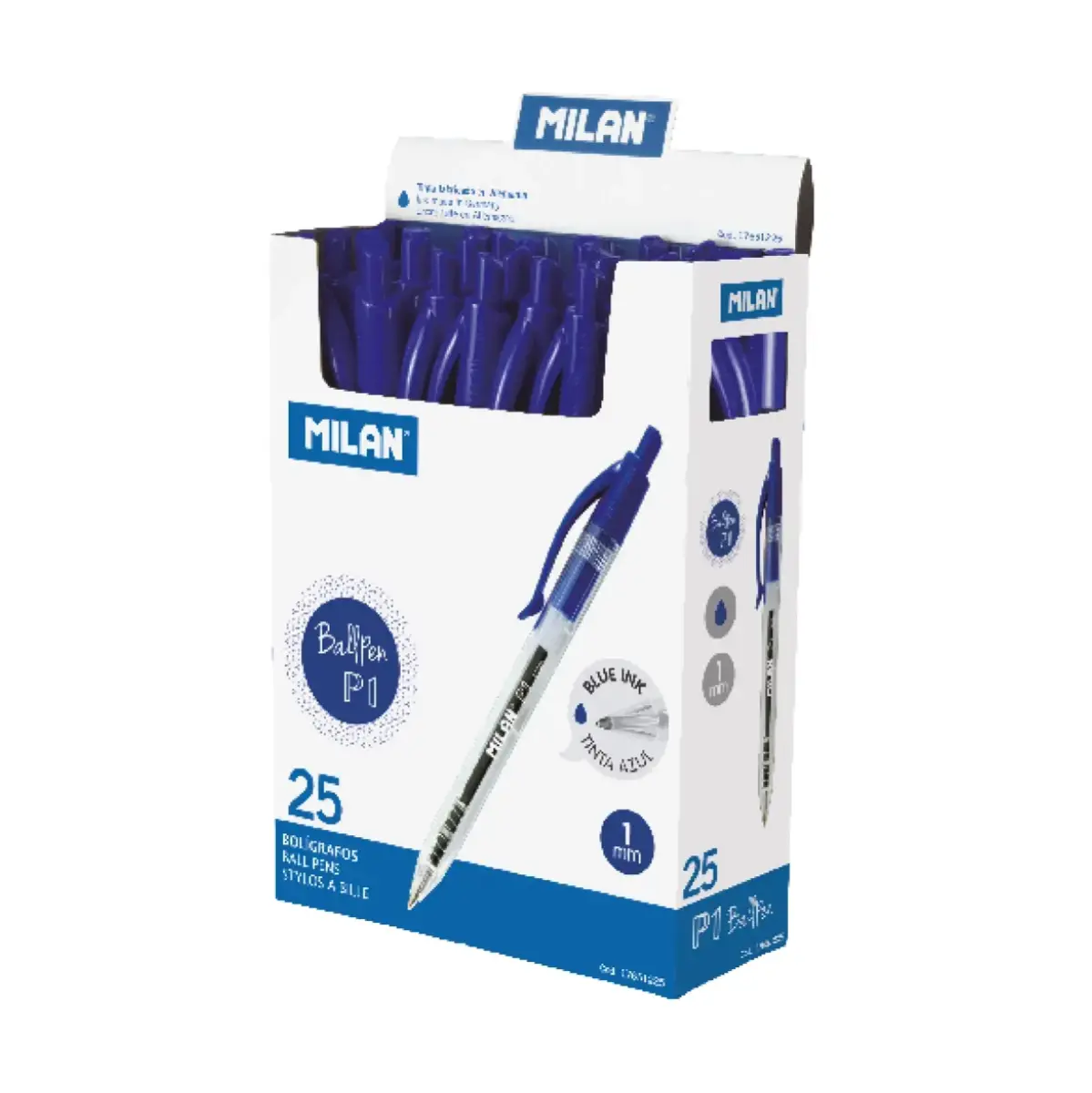Boîte 25 stylos P1 avec corps transparent bleu
