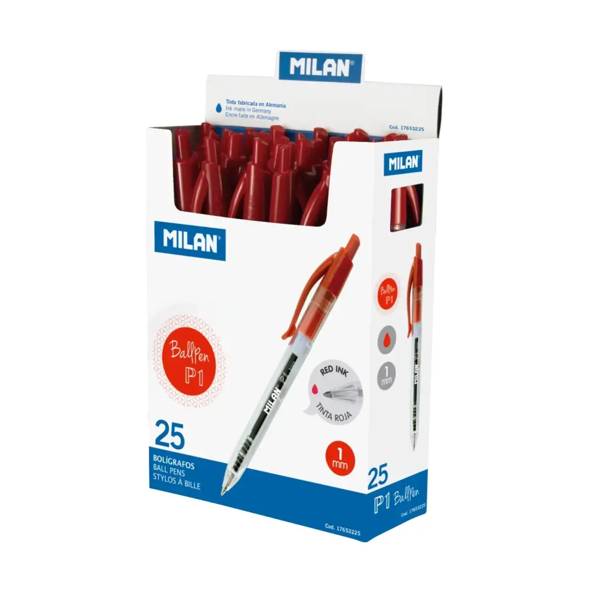 Boîte 25 stylos P1 avec corps transparent rouge