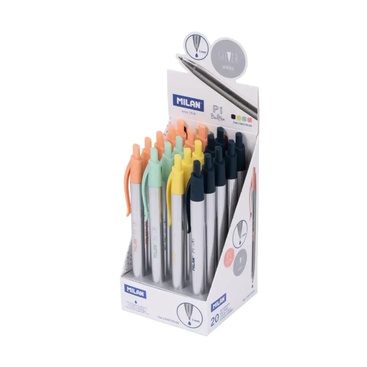 Boîte présentoir 20 stylos P1 encre bleue, série Silver