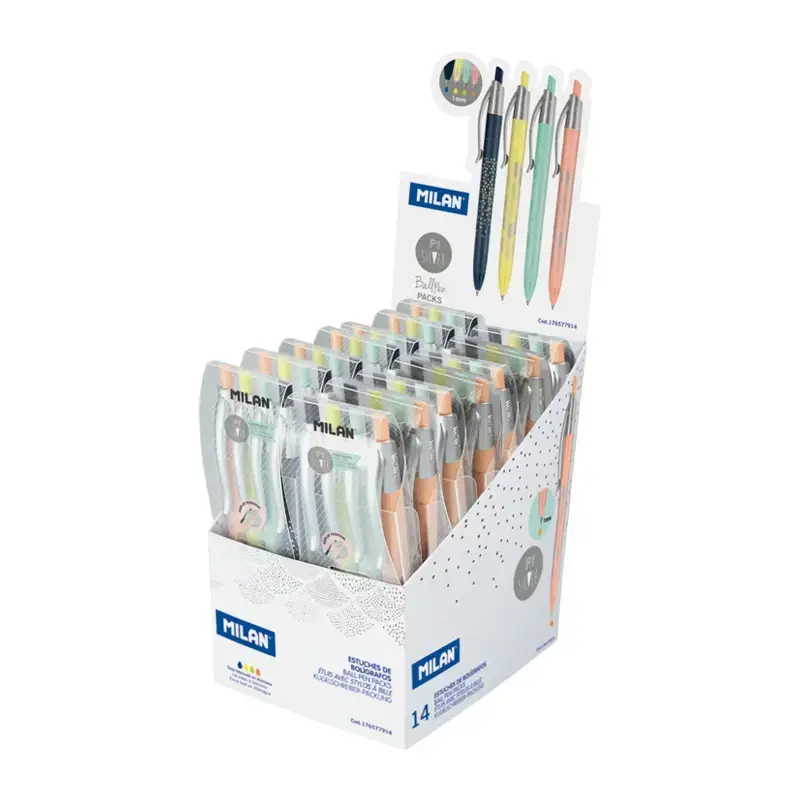 Boîte présentoir 14 étuis 4 stylos P1 couleurs assorties, série Silver