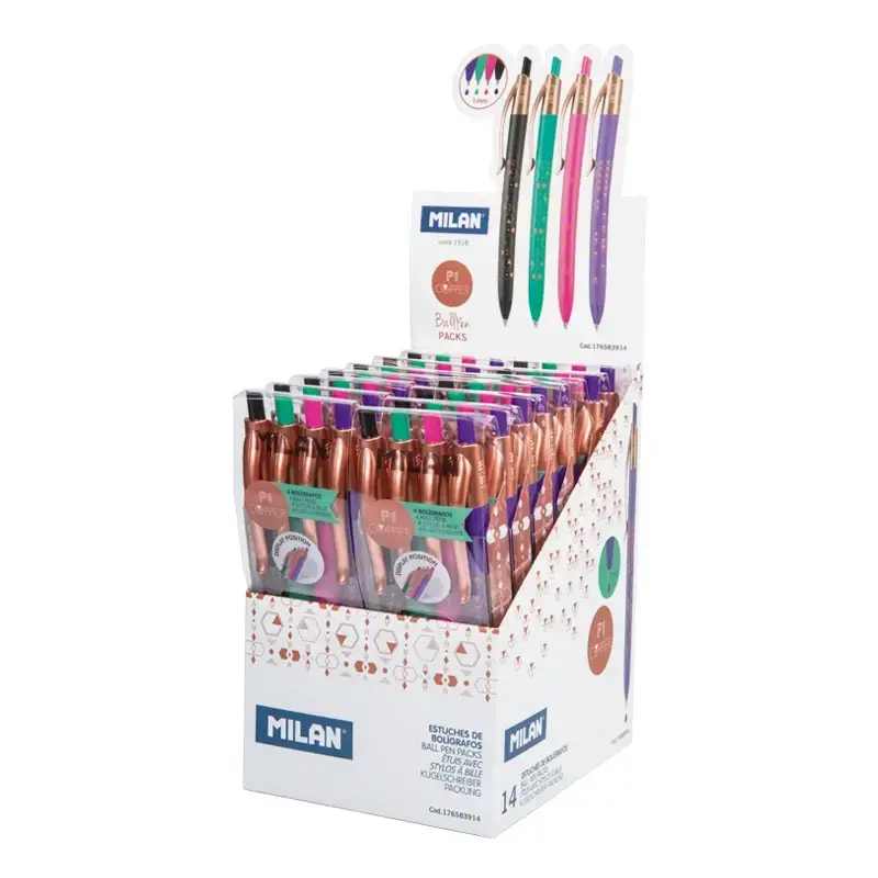 Boîte présentoir 14 étuis 4 stylos P1 couleurs assorties, série Copper