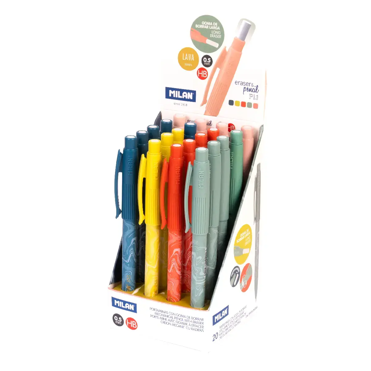 Boîte présentoir 20 porte-mines PL1 0,5mm HB, série Lava