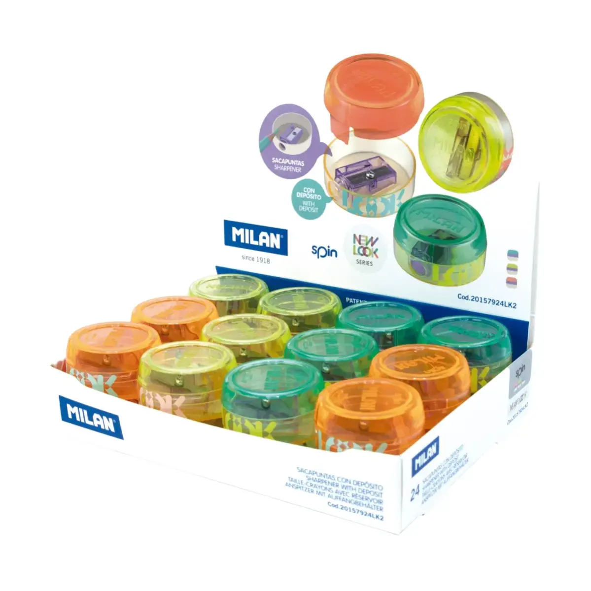 Boîte présentoir 24 taille-crayons avec réservoir SPIN, série New Look