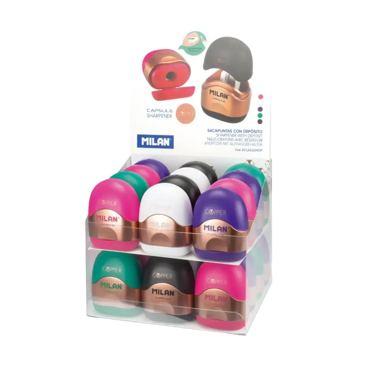 Boîte présentoir 24 taille-crayons avec réservoir CAPSULE Copper