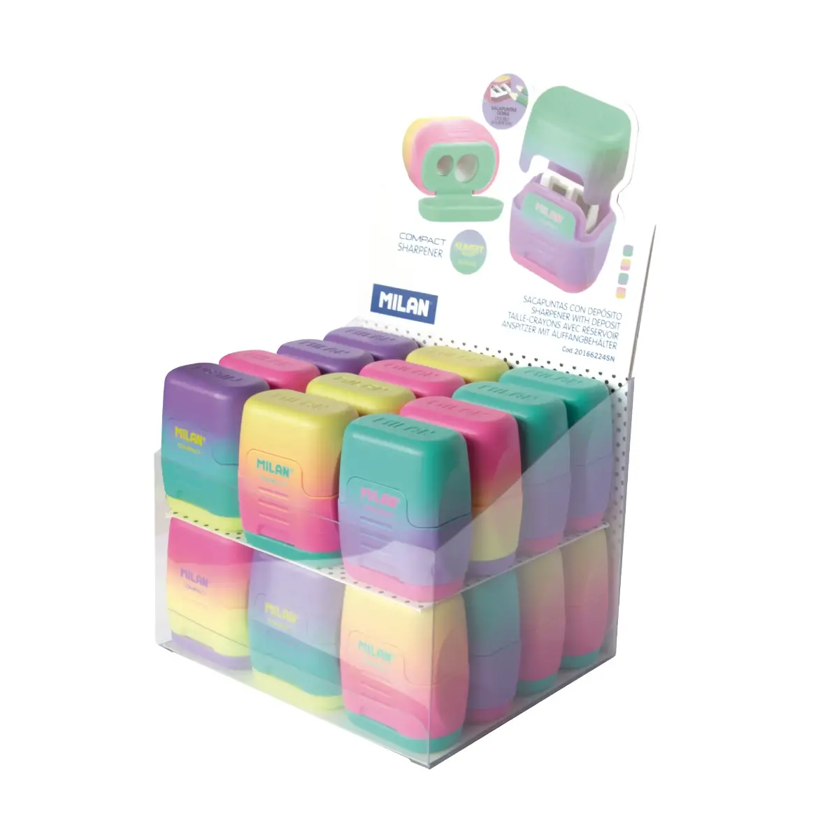 Boîte présentoir 24 taille-crayons COMPACT Sunset
