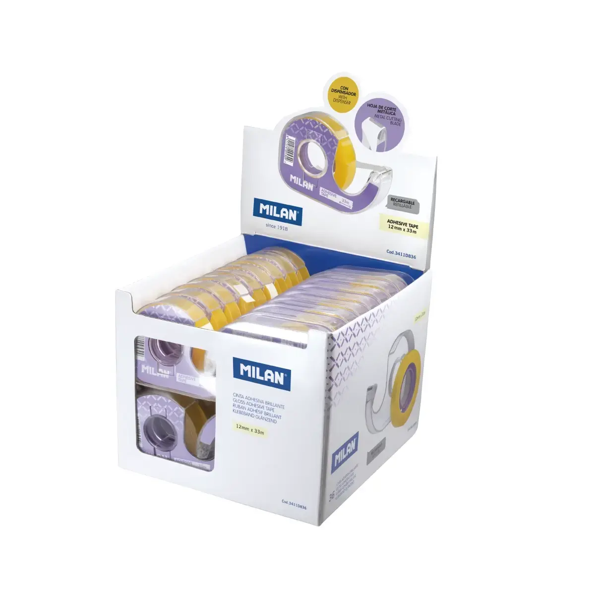 Boîte présentoir 36 distributeurs ruban adhésif (jaune transparent) 12 mm x 33 m