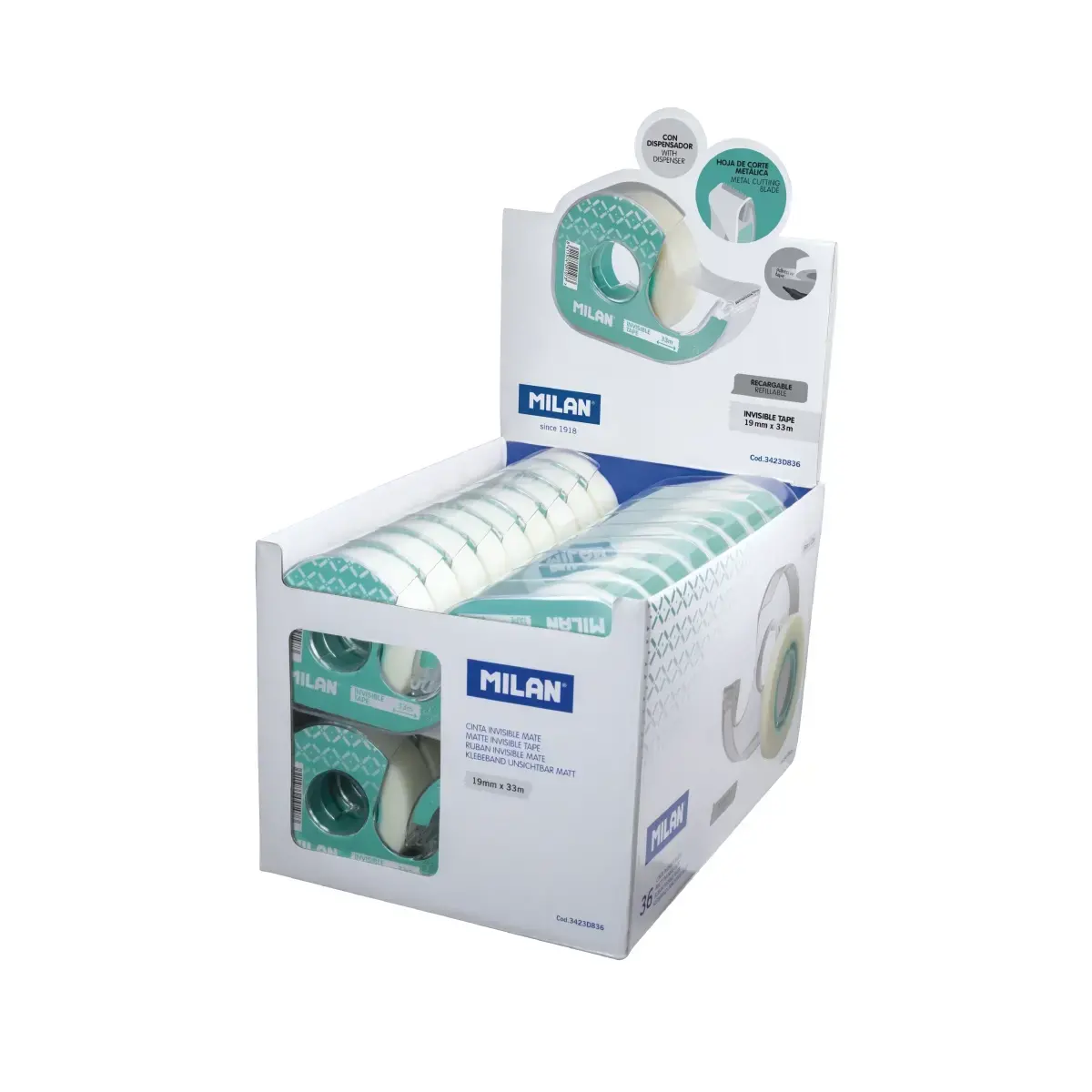 Boîte présentoir 36 distributeurs ruban adhésif mate 19 mm x 33 m