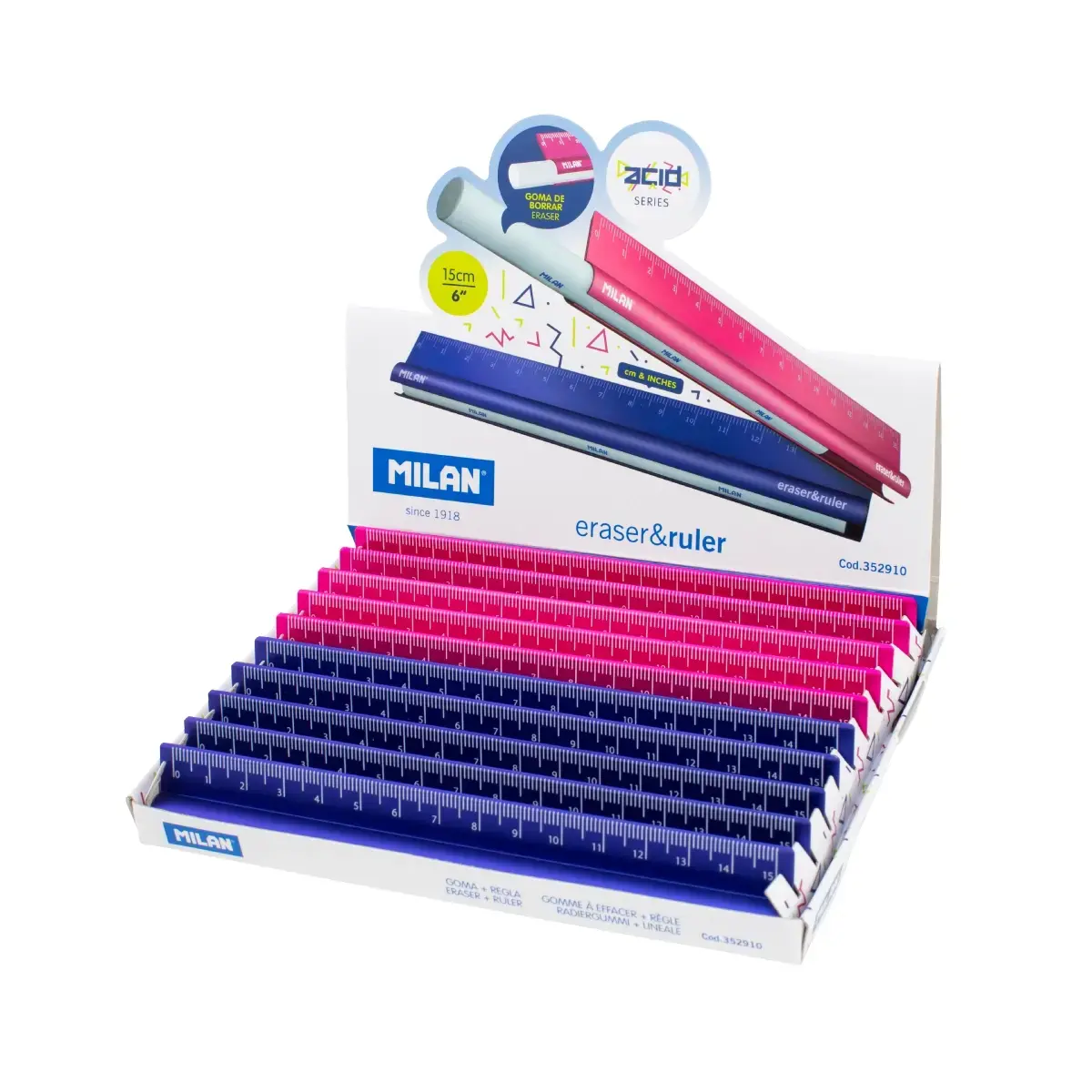Boîte présentoir 10 eraser&ruler métallique 15 cm, série Acid