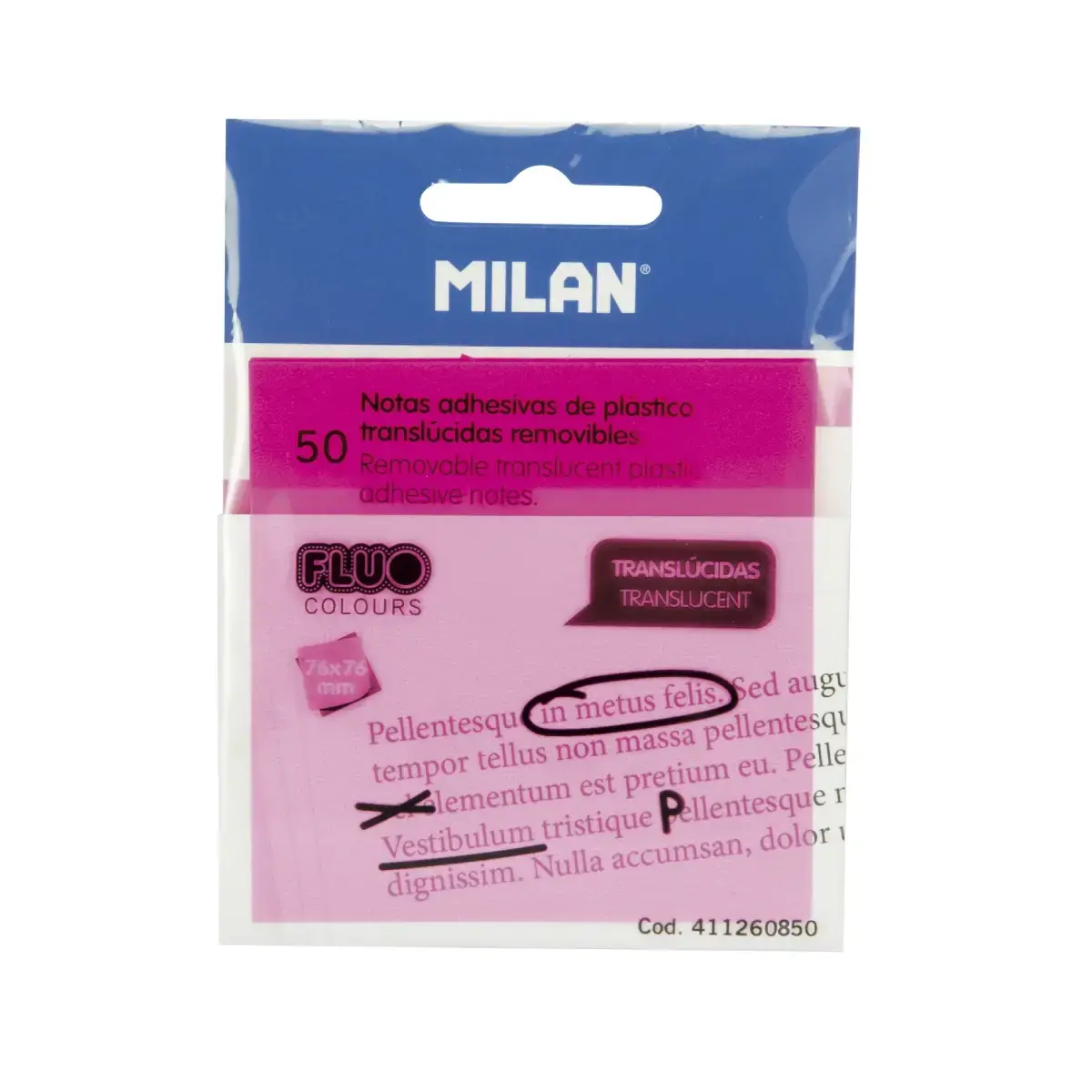 Bloc 50 notes adhésives translucides repositionnables rose Fluo 76 x 76mm