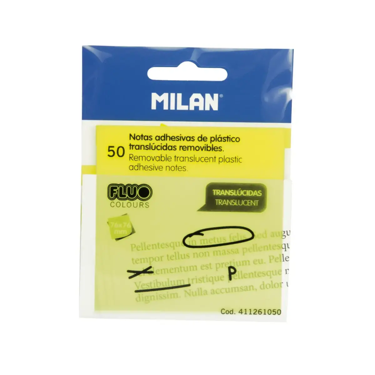 Bloc 50 notes adhésives translucides repositionnables jaune Fluo 76 x 76 mm