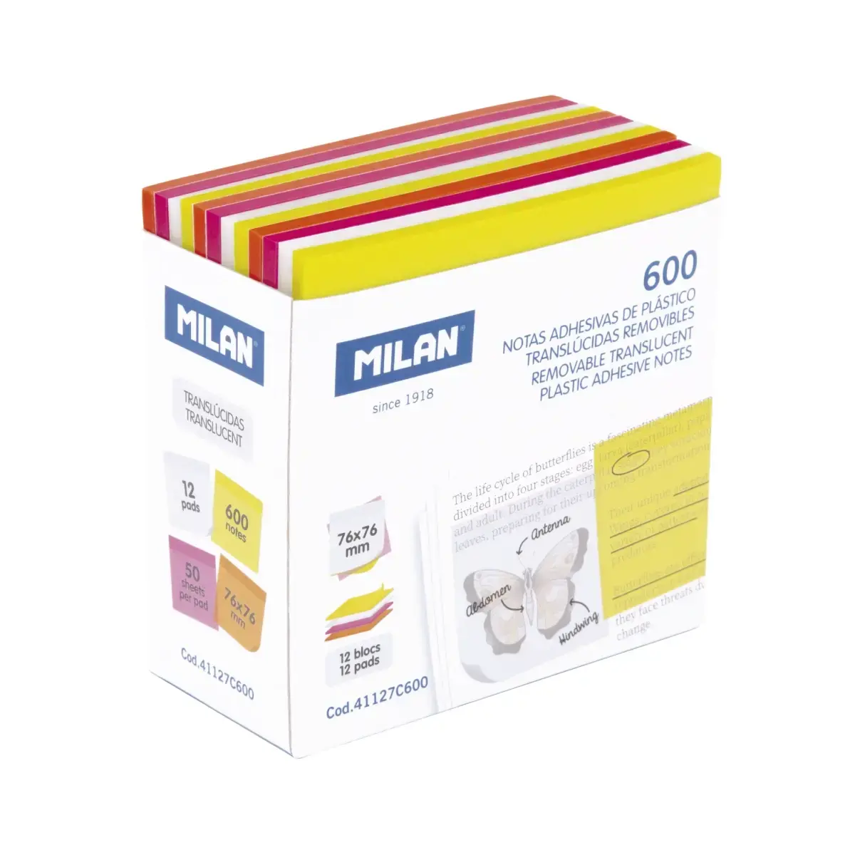 Bloc 600 notes adhésives translucides repositionnables Fluo 76 x 76 mm