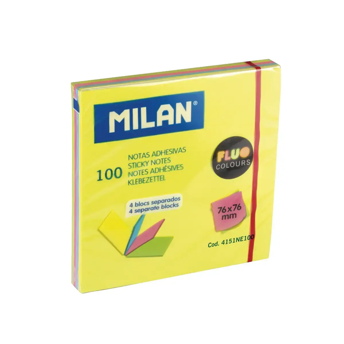 Bloc 100 notes adhésives 4 blocs séparés couleurs Fluo 76 x 76 mm
