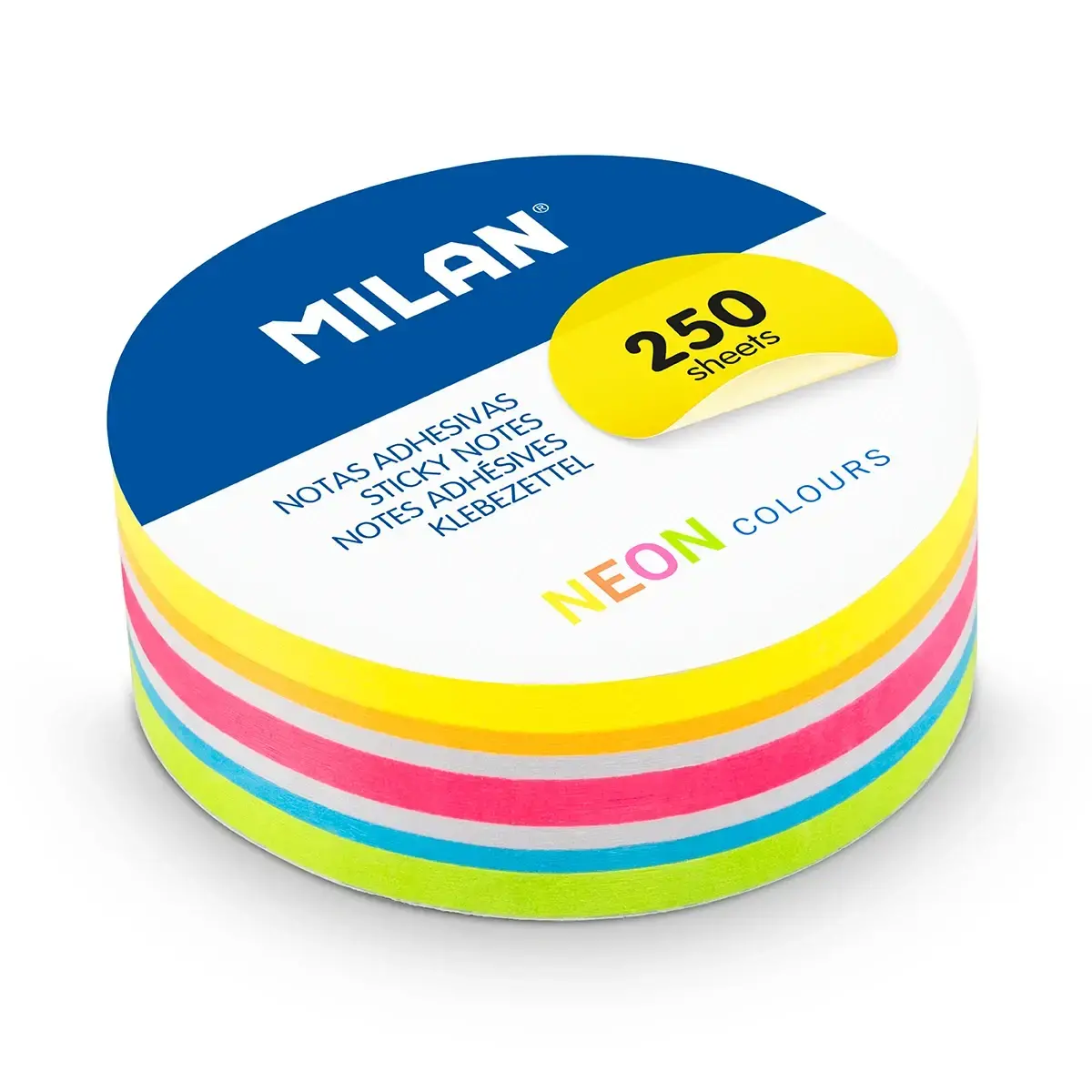 Bloc 250 notes adhésives amovibles rondes, couleurs neón Ø 67mm