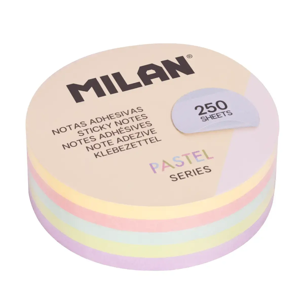Bloc 250 notes adhésives amovibles rondes, couleurs pastel Ø 67mm
