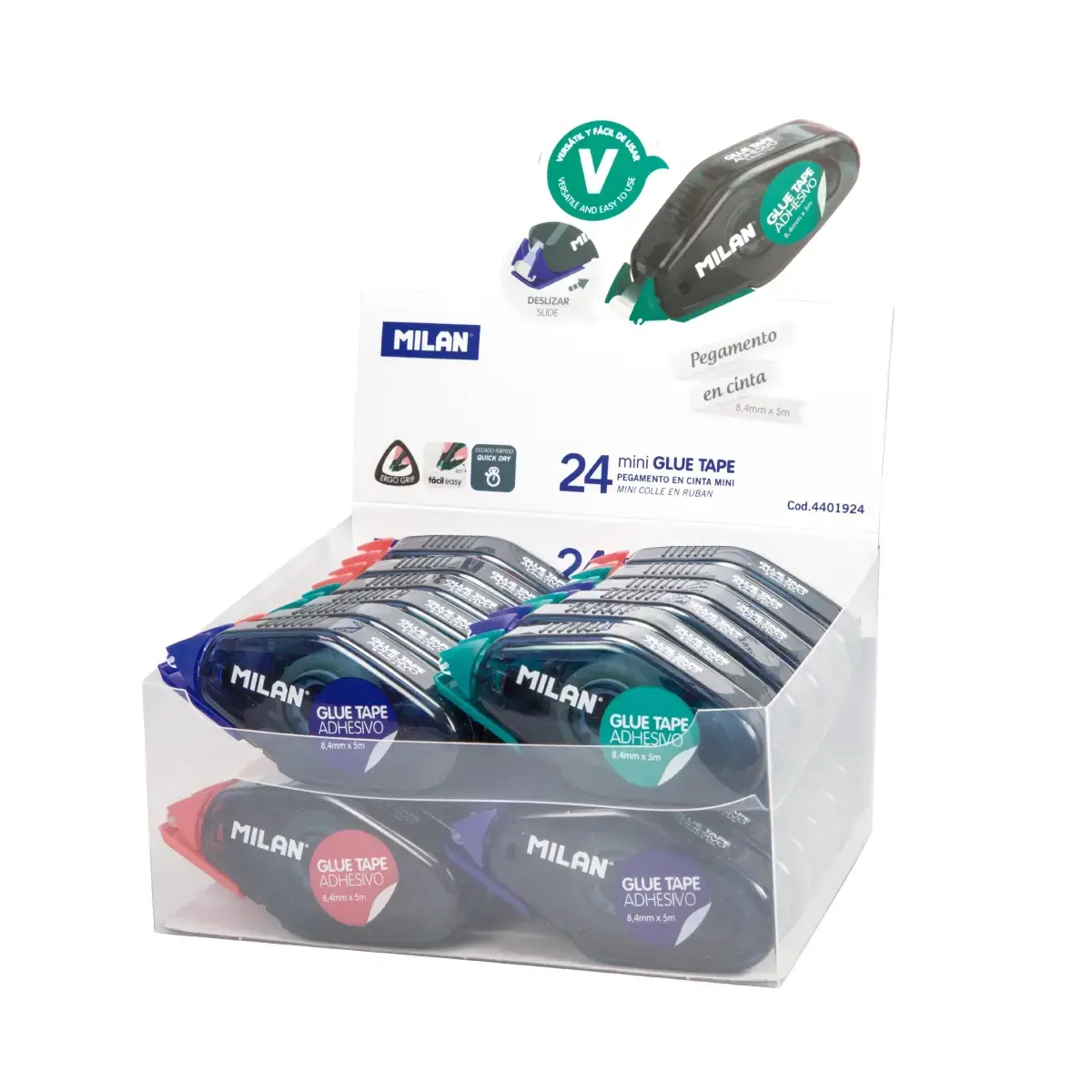 Boîte présentoir 24 colles en ruban compact 8,4 mm x 5 m
