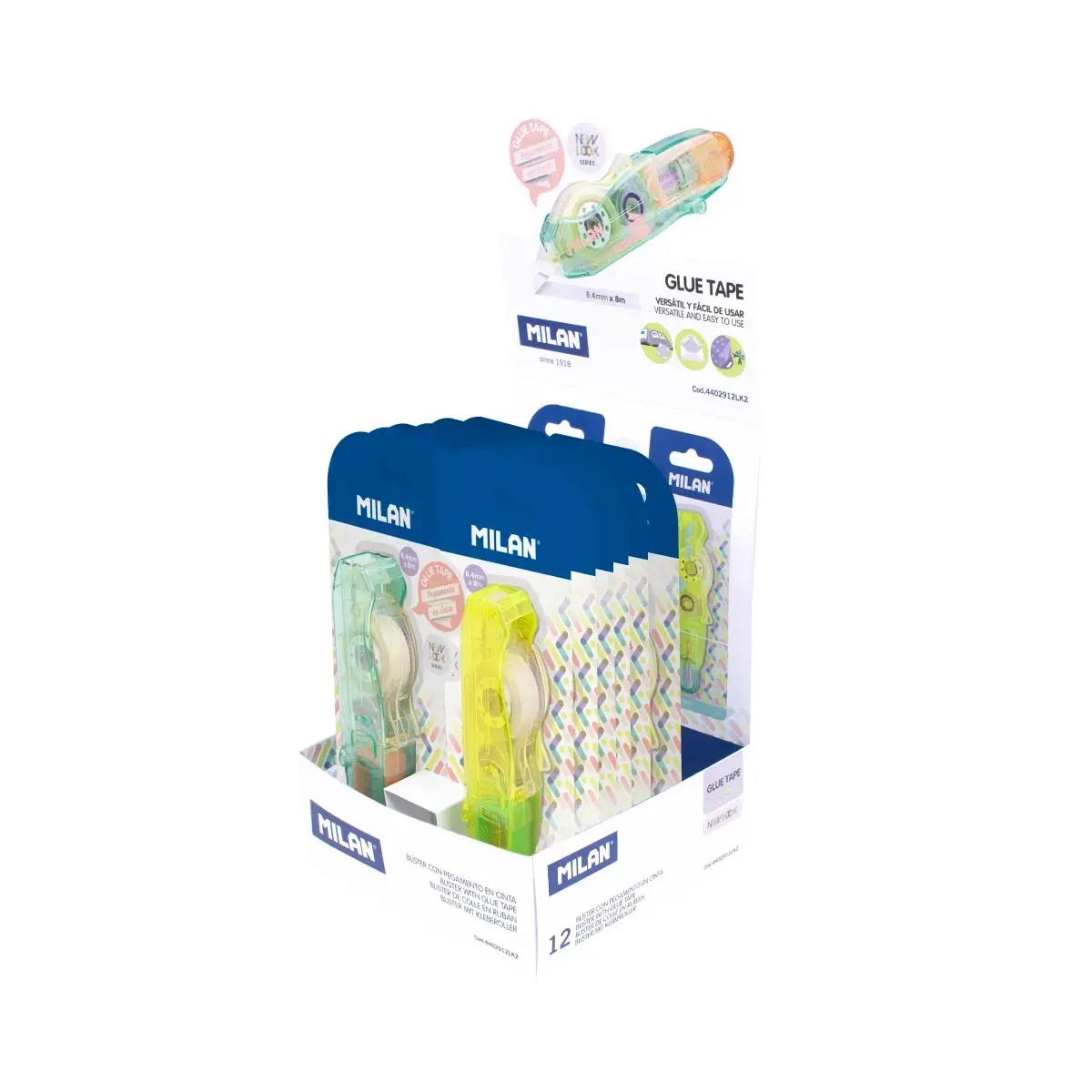 Boîte présentoir 12 blisters colle en ruban 8,4 mm x 8 m série New Look