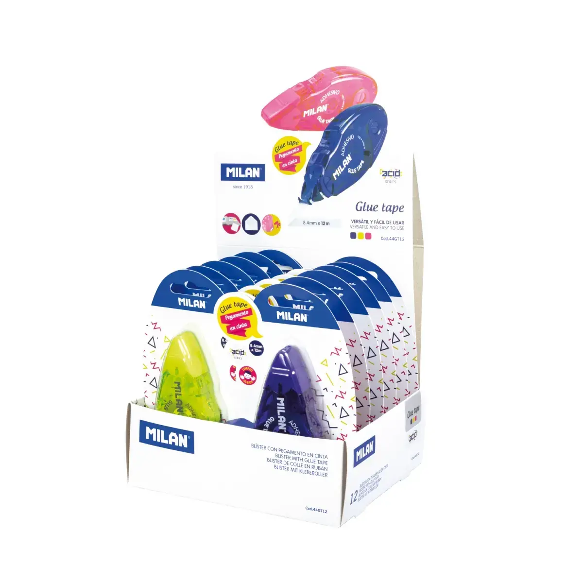 Boîte présentoir 12 blisters colle en ruban 8,4 mm x 12 m série Acid