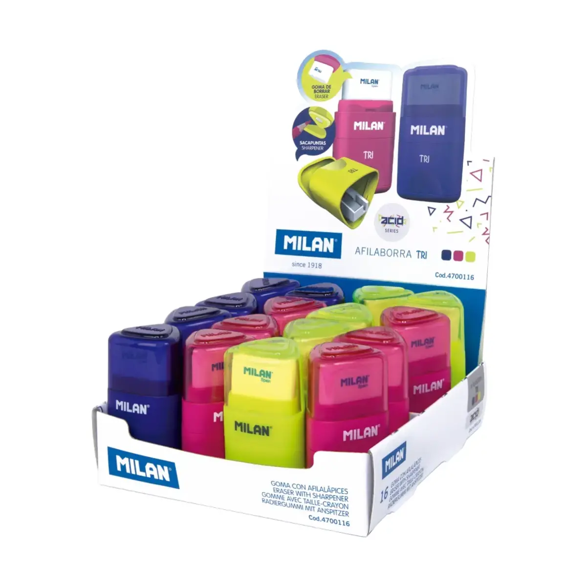 Boîte présentoir 16 gommes avec taille-crayons TRI, série Acid