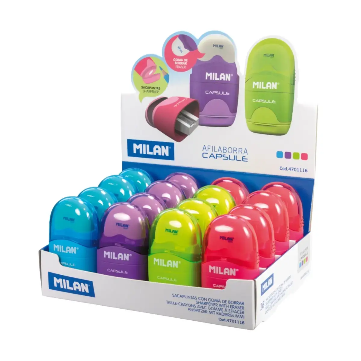 Boîte présentoir 16 gommes avec taille-crayons CAPSULE