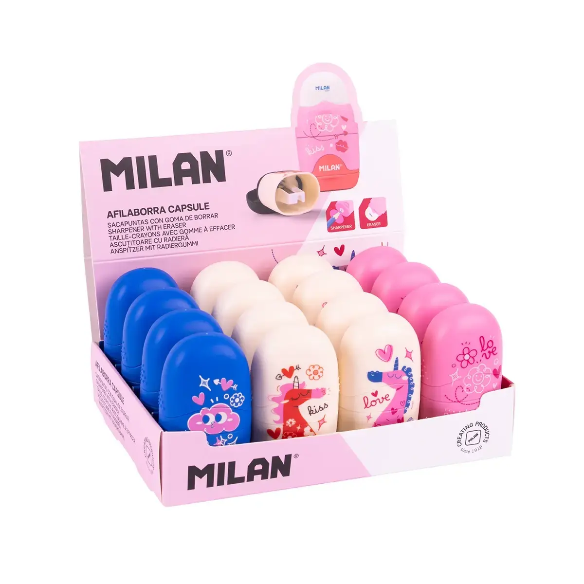 Boîte présentoir 16 gommes avec taille-crayons CAPSULE série spéciale Flowicorn