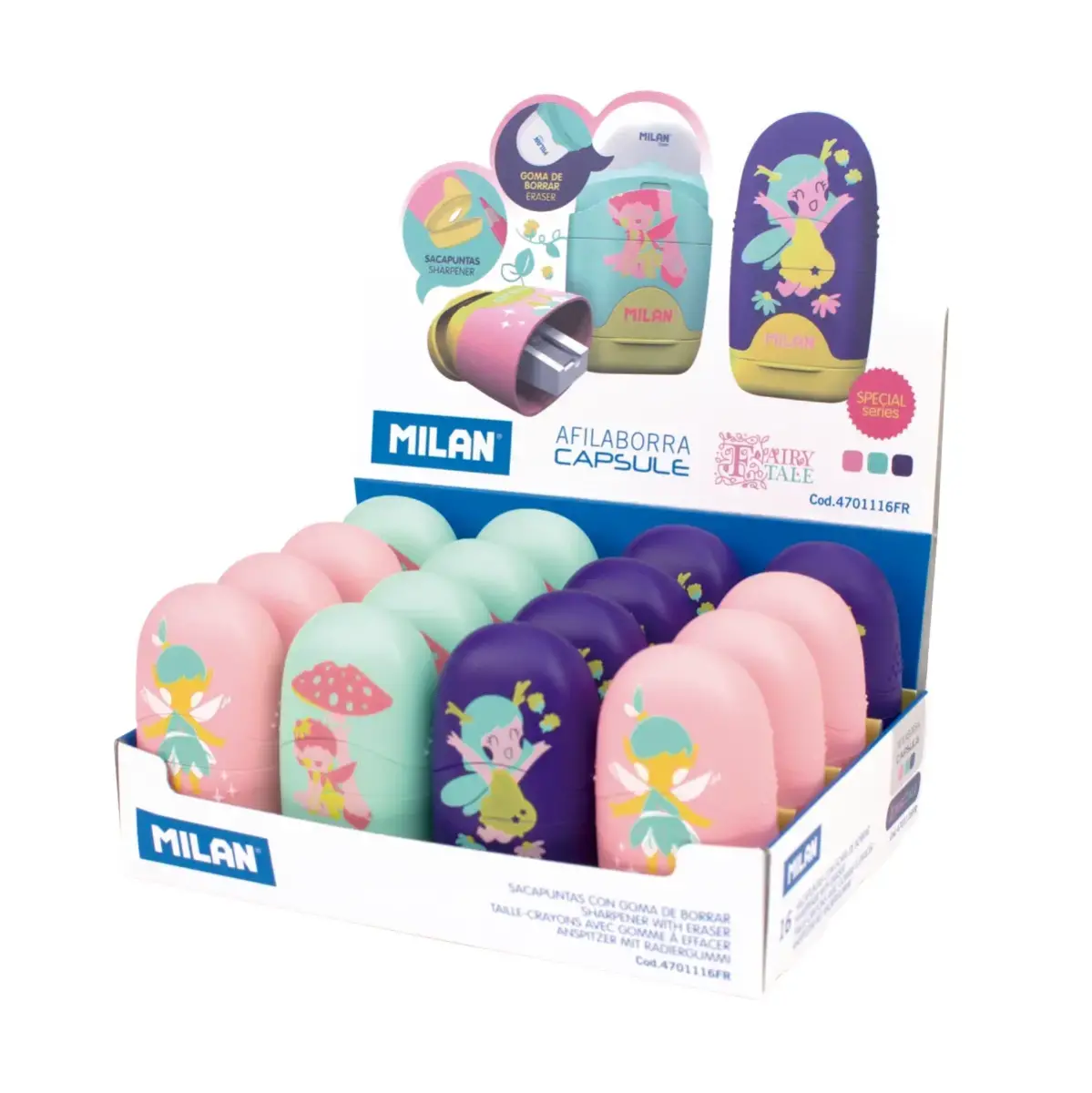 Boîte présentoir 16 gommes avec taille-crayons CAPSULE série spéciale Fairy Tale