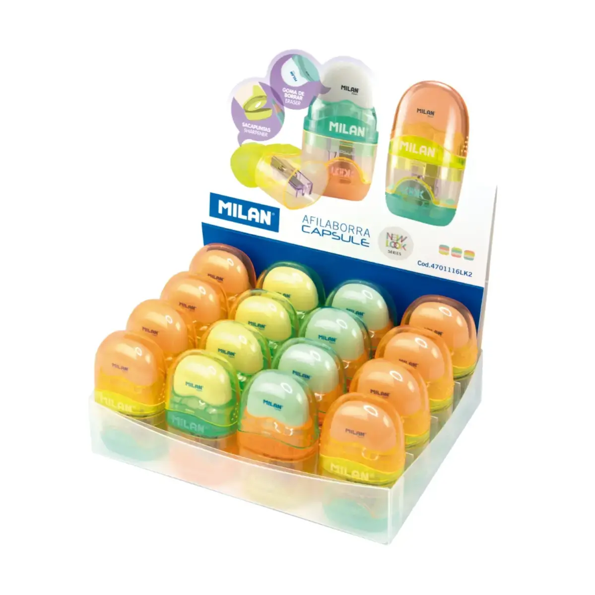 Boîte présentoir 16 gommes avec taille-crayons CAPSULE série New Look