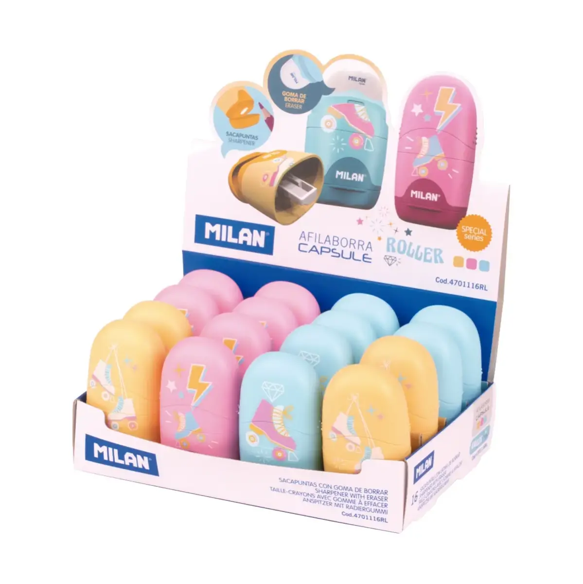 Boîte présentoir 16 gommes avec taille-crayons CAPSULE série spéciale Roller