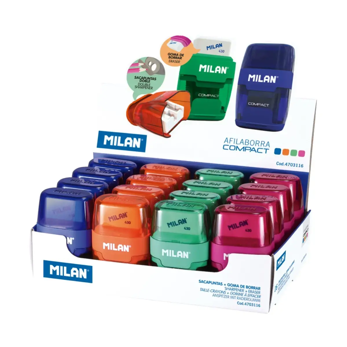Boîte présentoir 16 gommes avec taille-crayons COMPACT