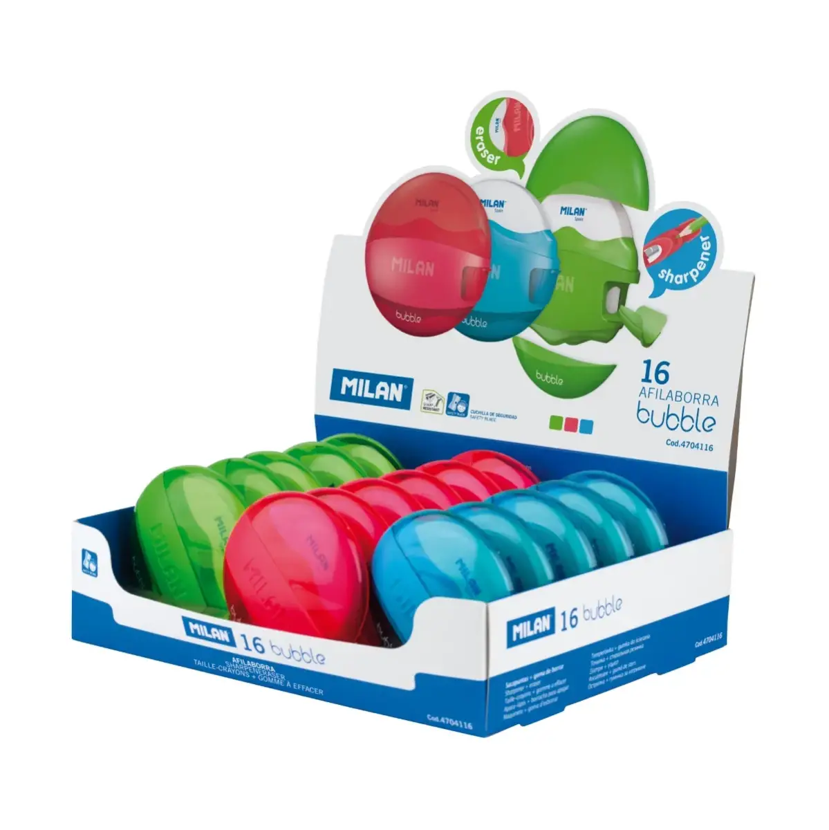 Boîte présentoir 16 gommes avec taille-crayons BUBBLE